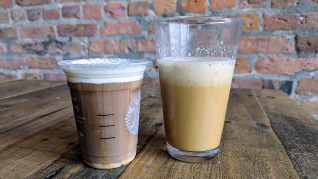 two coffee lattes side by side, one Starbucks, the other Maxwell House instant