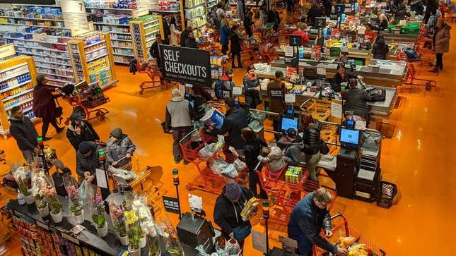 Long line at the self checkout station