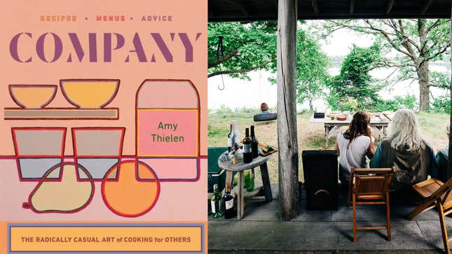 Cover of Company cookbook by Amy Thielen, left; friends hanging out by the Minnesota lakeside, right.