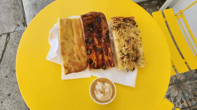 left to right: focaccia Genovese, Pissalandrea, and focaccia cipolle