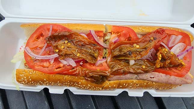 The signature Italian hoagie at Fink’s, which comes loaded with hots